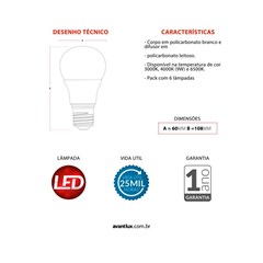 Lâmpada Bulbo A60 LED E-27 9W 6500K Bivolt - Avant