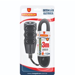 Extensão 3T 10A 2P+T 3M Preto Bivolt - Megatron